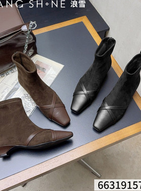 漆皮法式方头粗跟短靴女秋冬2025新款薄绒洋气瘦瘦靴低跟时髦女靴