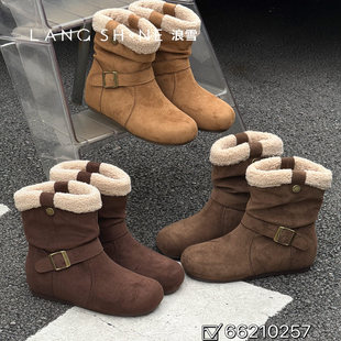 麂皮羊羔绒翻领雪地靴女2025冬季 加绒保暖堆堆靴毛毛短靴增高4cm