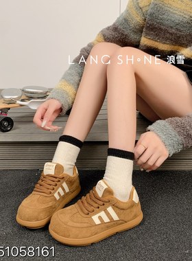 麂皮复古加绒德训鞋女款软皮平底轻便休闲板鞋反绒皮土豆鞋子舒适