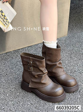 真皮薄绒美拉德风复古高级短靴女鞋厚底增高马丁靴百搭复古时装靴