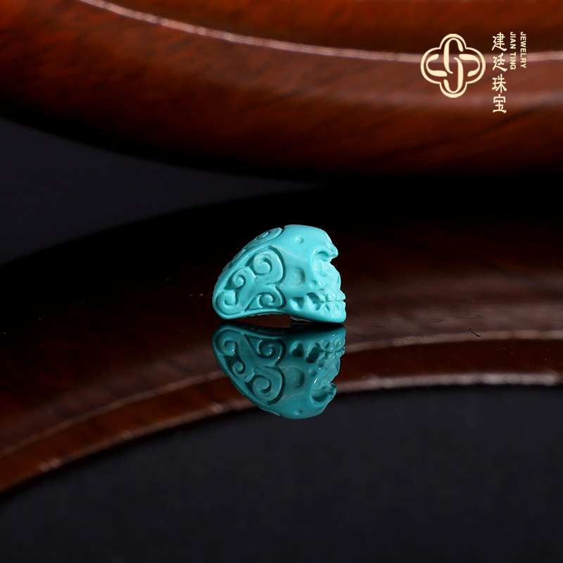 原矿天然绿松石散珠 骷颅头 长11.5x6.4x8.1mm 高瓷蓝单珠配珠