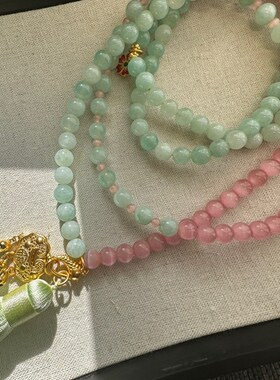 国风复古新中式如意锁透粉淡绿流苏项链多圈手串珠珠链女