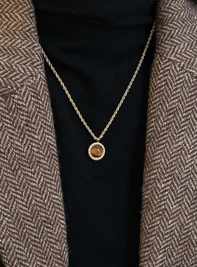 美拉德风虎眼石麻花毛衣项链女秋冬复古气质配饰轻奢高级感卫衣链