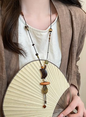 月牙笑脸木质陶瓷编织绳项链女复古民族风长款毛衣链新中式配饰品