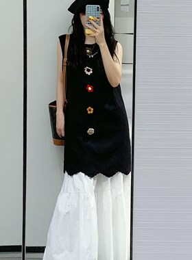 im向 艺术手工立体钩花黑色棉麻背心裙女刺绣无袖连衣裙