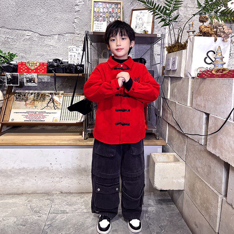 男童加绒唐装红色外套儿童装喜庆拜年服宝宝汉服衬衫加厚衣服洋气