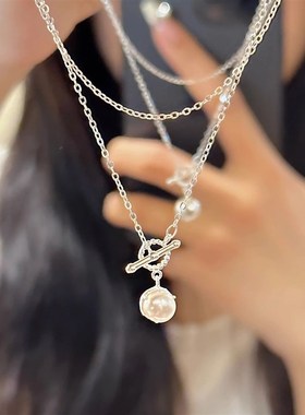 OT扣珍珠项链女轻奢小众999纯银锁骨链2023新款潮爆款送生日礼物