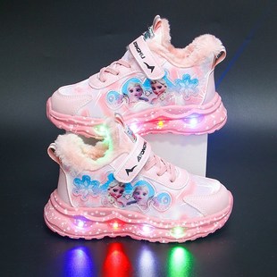 带灯女童鞋子2024秋冬新款加绒保暖儿童运动鞋公主宝宝跑步鞋