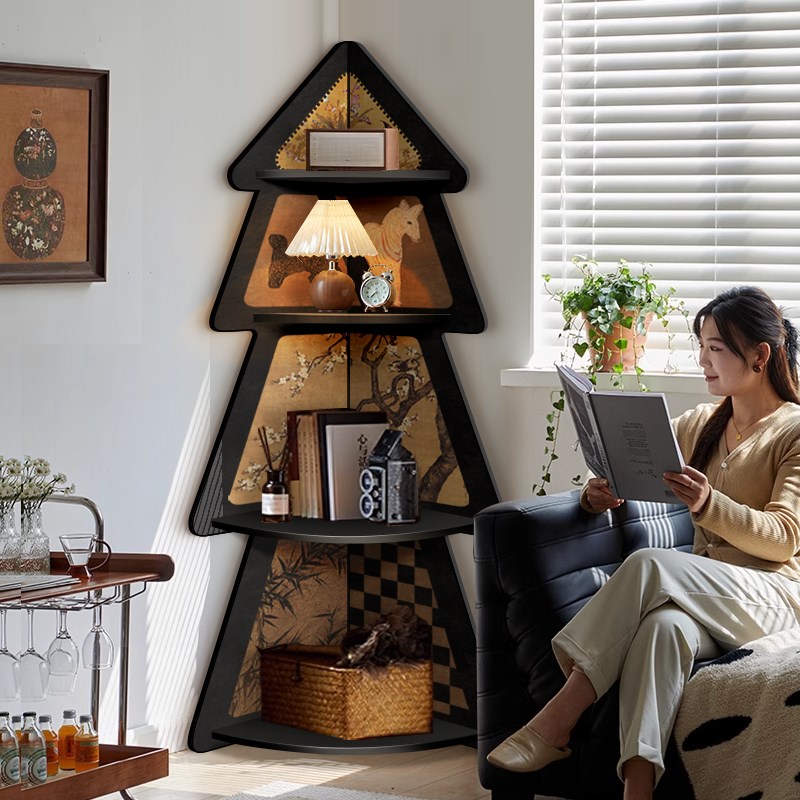 客厅装饰品转角收纳柜拐角书架墙角落地摆件中古风夹W缝三角置物