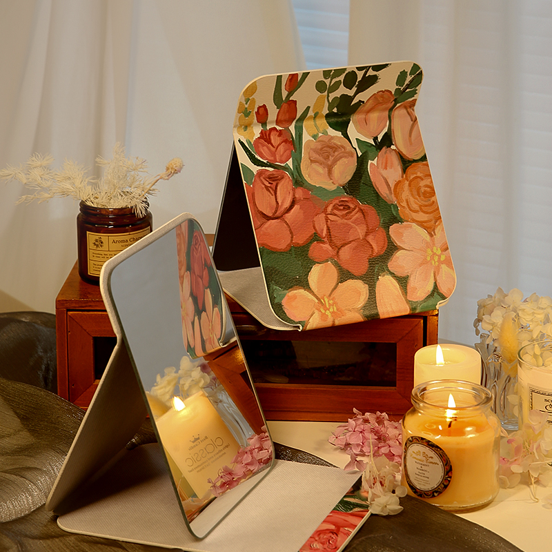 复古玫瑰折叠镜学k生宿舍桌面化妆镜随身携带便携小镜子摸鱼神器