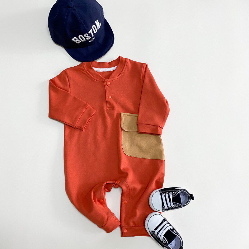 男女宝宝春秋款棉线连体衣卫衣新生婴儿橘红色哈衣爬服洋气外出服