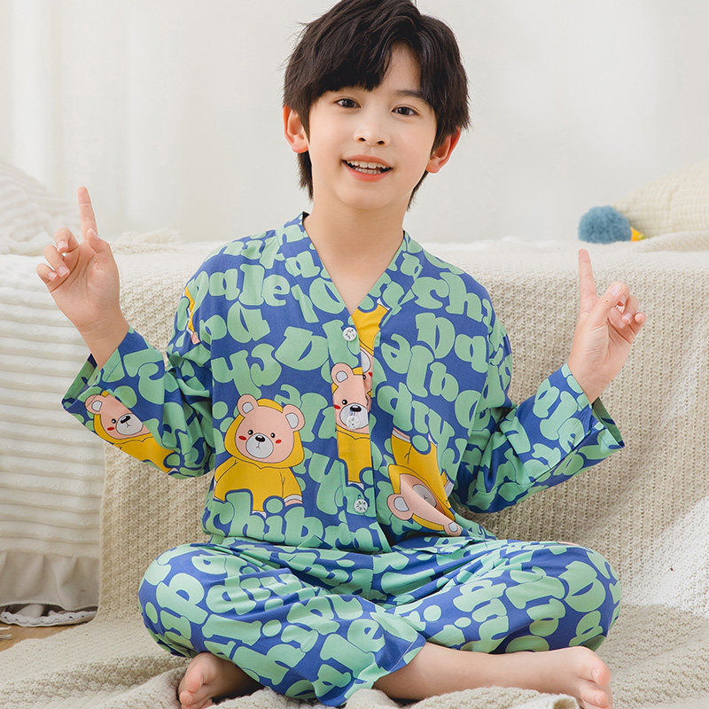 儿童绵绸睡衣夏季男童薄款大童长袖空调服男孩宝宝棉绸家居服套装,童装/婴儿装/亲子装,家居服套装,淘宝优惠券,粉丝福利购,淘宝优惠卷