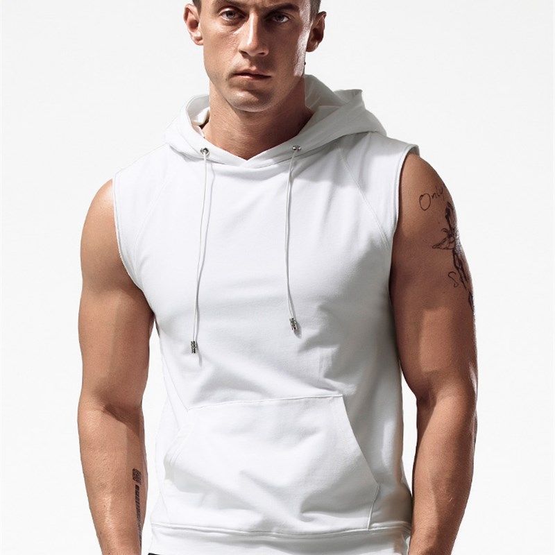 背心男潮 夏季连帽无袖卫衣健身T恤运动纯棉透气个性带帽套头马甲