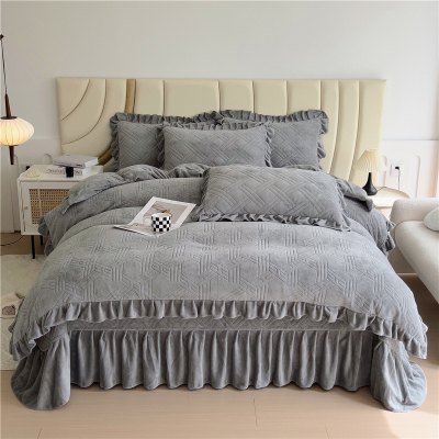 简约风牛奶绒夹棉床盖款四件套纯色加绒保暖床单榻榻米被套秋冬季