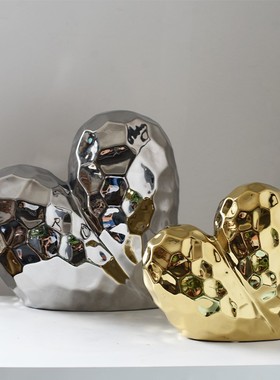 现代简约金银色陶瓷几何爱心抽象摆件客厅家居氛围感艺术软装饰品