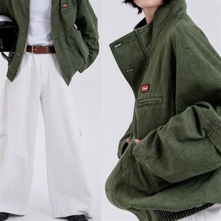 2024秋冬水洗暗绿工装夹克复古工装外套男女情侣款立领风衣短款男