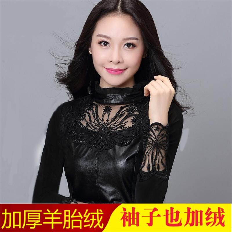 春秋新款立领蕾丝加绒打底衫女长袖百搭PU皮衣网纱保暖T恤妈妈装