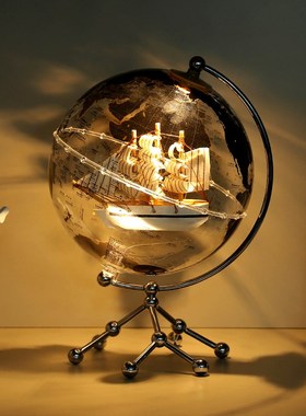 透明发光帆船地球仪摆件轻奢玄关客厅家居桌面房间高级装饰工艺品