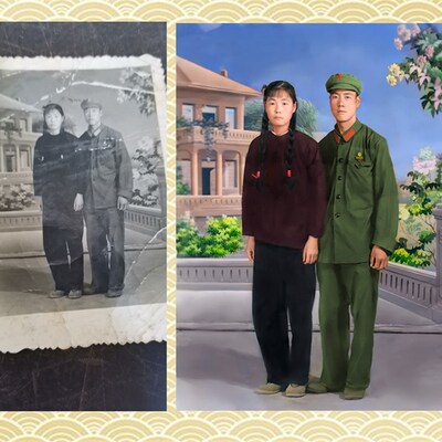 旧照片修复翻新破损相片修补模糊照片变清晰黑白遗像照片上色合成