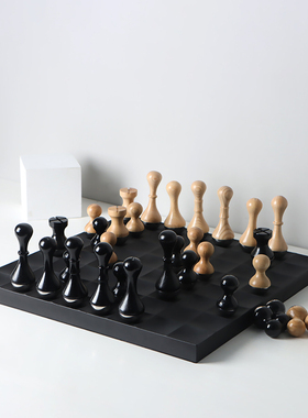 高档轻奢样板间书房国际象棋摆件实木质烤漆大理石棋盘艺术装饰品