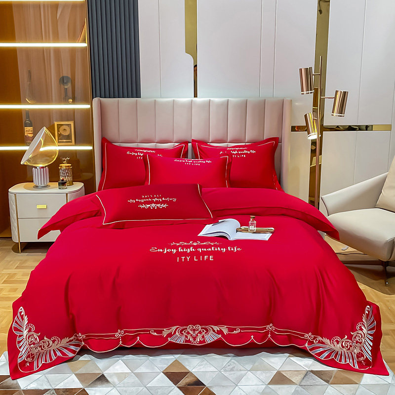 欧式高端刺绣奢华水洗真丝四件套冰丝滑床单床笠双人被套婚庆床品