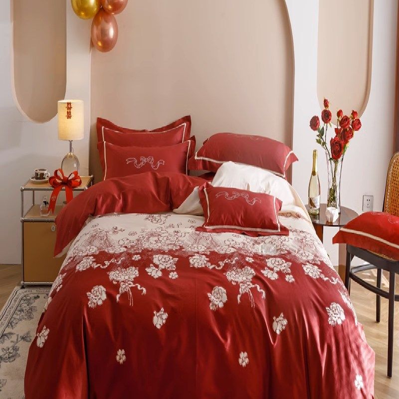 简约复古印花长绒棉婚庆四件套纯棉红床单被套居家床上用品