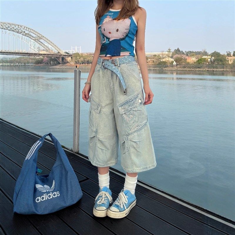 美式复古做旧多口袋七分工装牛仔短裤男女街头潮流宽松直筒阔腿裤,男装,牛仔裤,淘宝优惠券,粉丝福利购,淘宝优惠卷