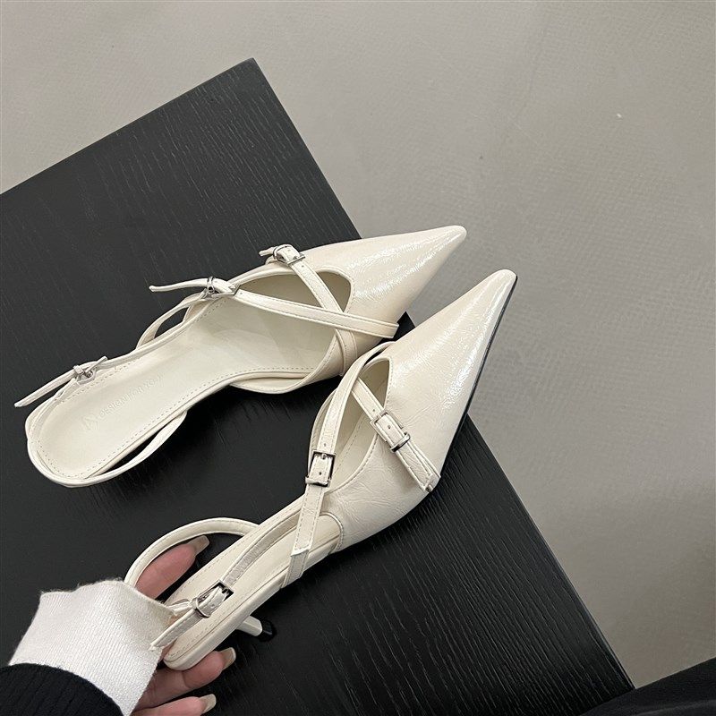 2024春夏新品法式浅口高跟鞋米白色低跟凉鞋女包头后空猫跟凉拖女,女鞋,时装凉鞋,淘宝优惠券,粉丝福利购,淘宝优惠卷