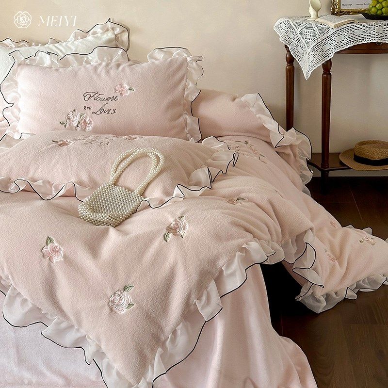 法式浪漫冬季牛奶绒四件套保暖羊毛绒被套刺绣加厚公主风床上用品,床上用品,床品套件/四件套/多件套,淘宝优惠券,粉丝福利购,淘宝优惠卷