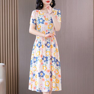 碎花妈妈中老年人造棉裙子 女装 新款 气质洋气贵妇人棉绸连衣裙夏季