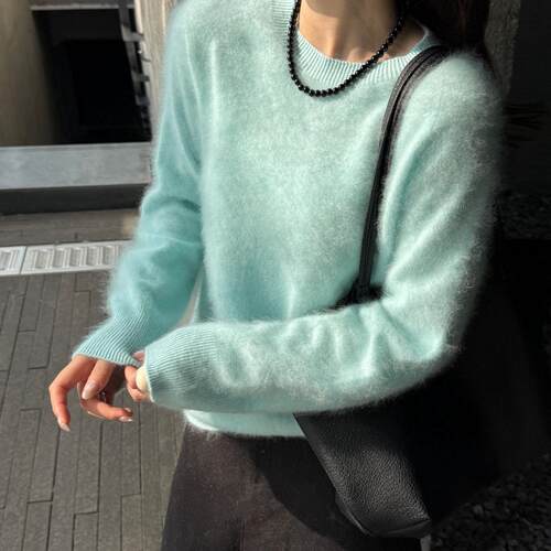 VOT慵懒风羊绒羊毛拉毛无缝针织衫百搭保暖圆领宽松上衣A202601