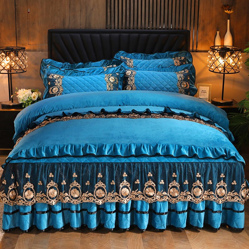 欧式牛奶水晶绒床裙四件套冬季珊瑚绒法兰莱绒床罩加Y厚双面绒被