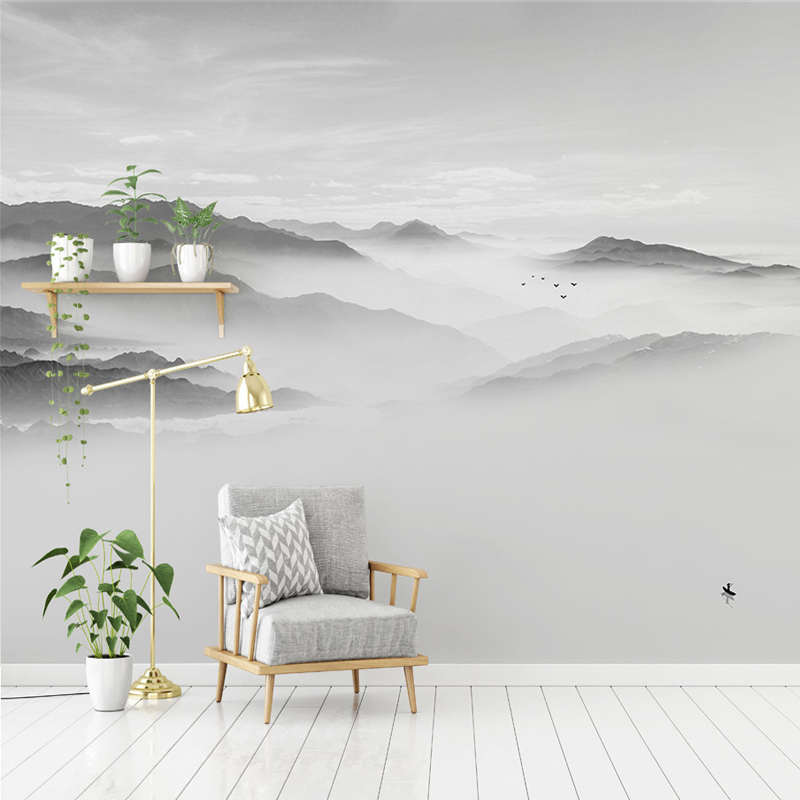 新中式抽象意境水墨山水墙纸酒店饭店G客厅电视背景墙壁纸风景壁