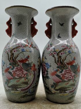 清乾隆开片粉彩花鸟富贵图双耳花瓶仿古瓷器古玩家居吉祥招财摆件