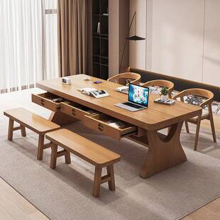 实木书桌带抽屉图书馆办公学习桌椅组合去客厅化纯实木大长书桌