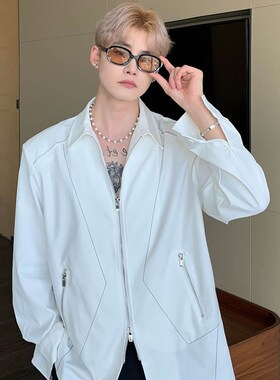 小众设计感双拉链白色衬衫男宽松百搭韩版简约高级开衫夹克外套