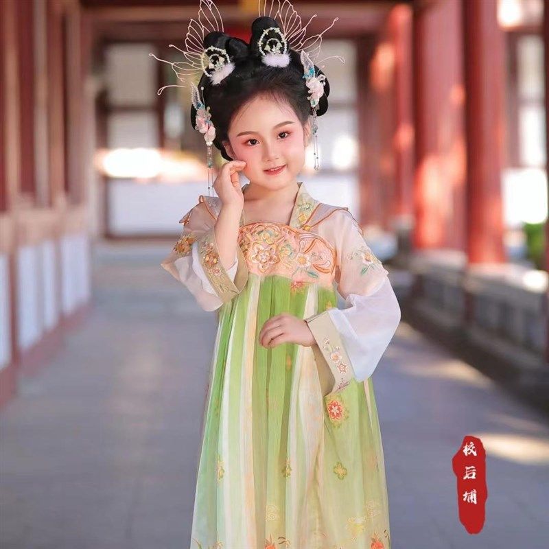 女童汉服刺绣连衣裙宫廷风公主裙儿童国风古装齐胸襦裙高端演出服