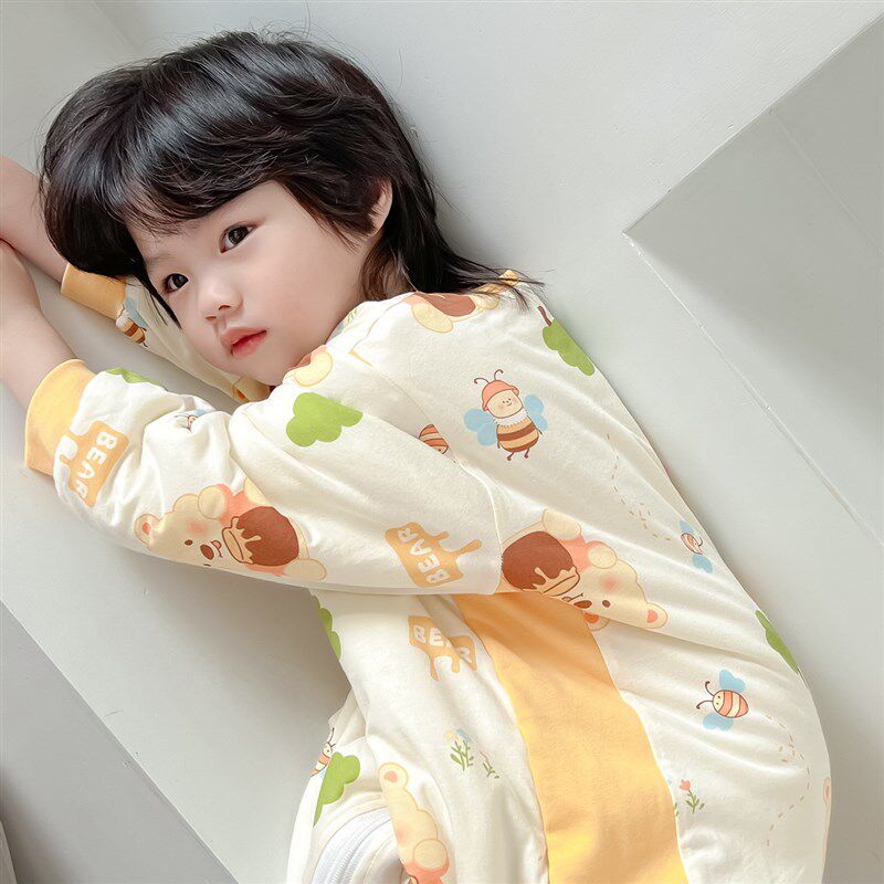 宝宝睡袋纯棉加厚秋冬无骨连体睡衣儿童卡通家居服男女宝宝防踢被