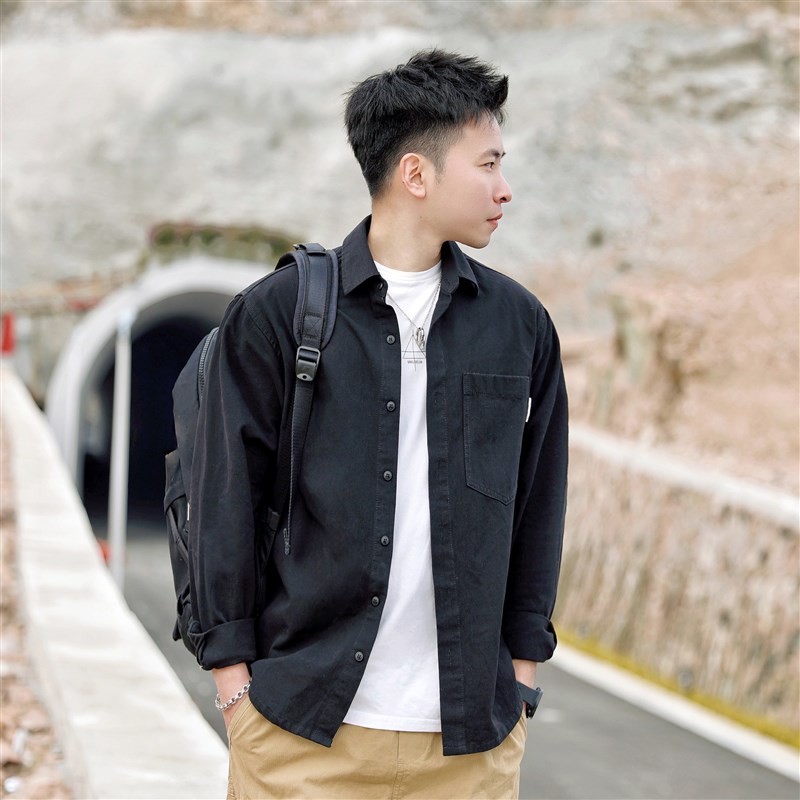 日系纯色衬衫男春秋季新款复古简约长袖潮牌宽松上衣休闲衬衣外套