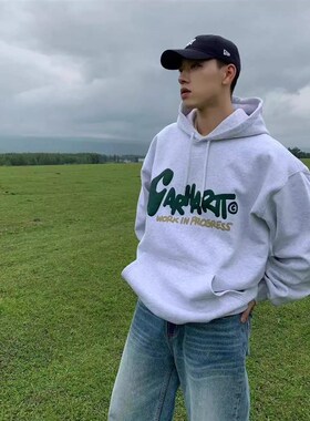 美式高街潮牌灰色高级感连帽卫衣男秋冬季情侣新款设计感帽衫上衣