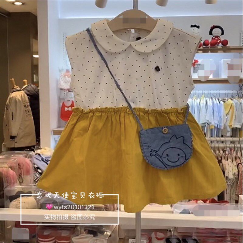 韩国中小童装 夏季新品女童宝宝黄色小翻领短袖连衣裙 小包1OP505
