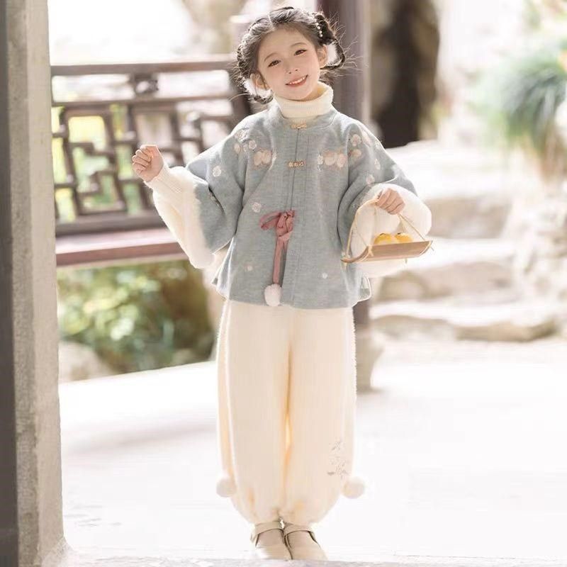 女童汉服新中式秋冬套装日常宋制中国风宋裤保暖外套高领拜年服装图片