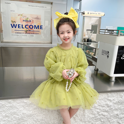 2023新款3-8岁女童春装连衣裙网纱裙宝宝绿色公主裙纯色春秋裙子
