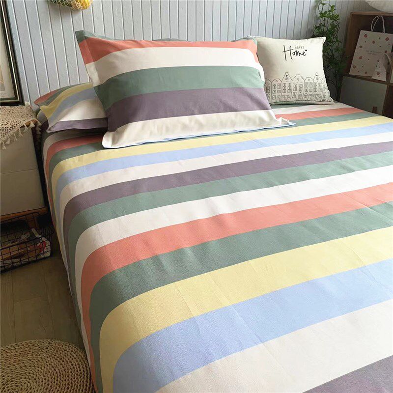 高档纯棉活性印花条纹老粗布床单三件套亚麻特厚榻榻米大炕单睡单