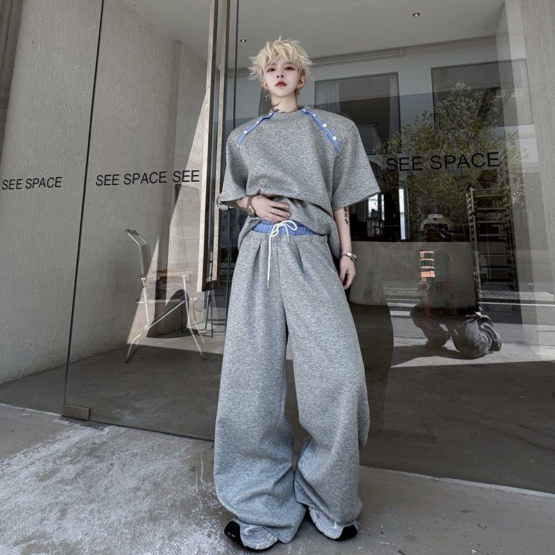 2025夏季美式斜扣结构设计垫肩短袖运动衫套装男士阔腿长运动裤休