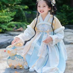 女童汉服冬季国风加厚斗篷套装唐代拜年服加绒连衣裙外套奶黄刺绣