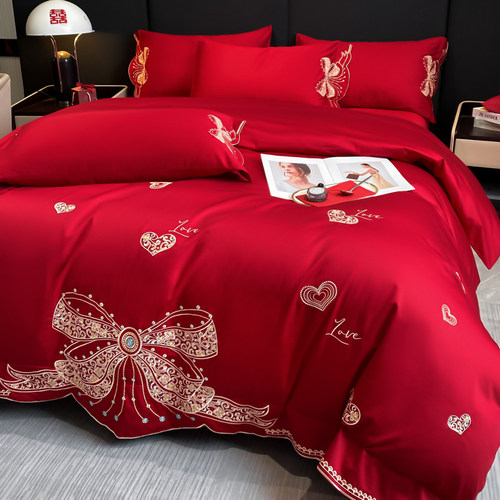高档提花100支婚庆四件套红色床单刺绣被套新婚简约结婚床上用品4