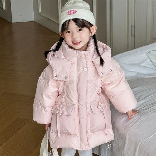 2024女童冬装新款儿童羽绒服中长款洋气冬季外套加厚纯色宝宝上衣