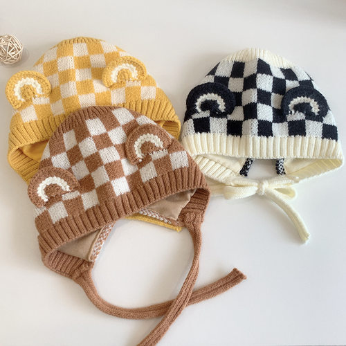 棋盘格婴儿帽子秋冬季毛线帽男女儿童针织帽3-16个月宝宝冬天护耳