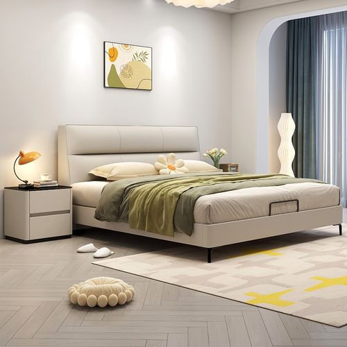 头层牛皮床2025新款全实木框架齐边小户型主卧婚床现代简约真皮床